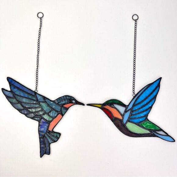 Stained Glass Birds hanging Handcrafted window Sun Catcher LOT of 2 - Picture 1 of 6